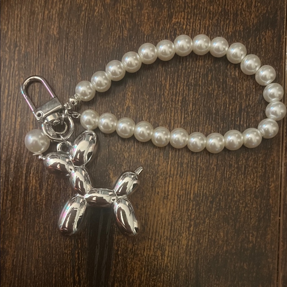 Silver Balloon Dog Charm with Pearl Beaded Keychain